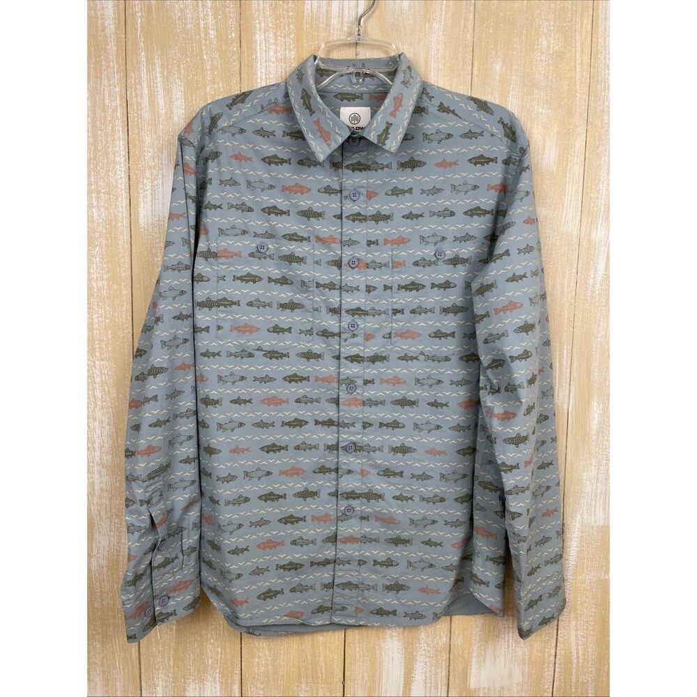 Flylow Phil-A Fish Print Mens Shirt Blue Steel Long Sleeve Size M